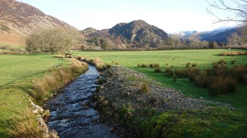 Scenic view of stream amidst field against sky