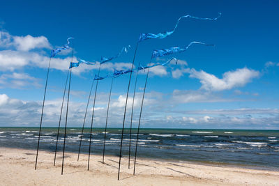 Blue flags waving at beach against sky