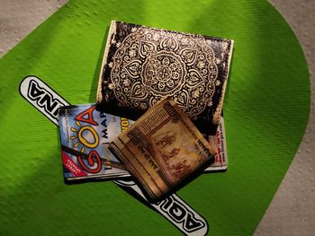 High angle view of book on table