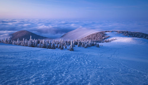 Scenic view of snow covered landscape against sky