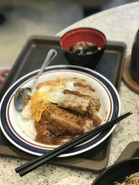 High angle view of meal served on table