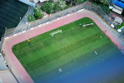 High angle view of soccer field