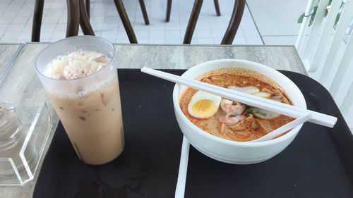 High angle view of breakfast served on table