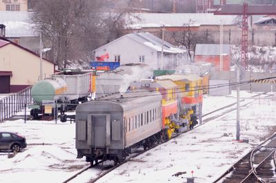 Train on railroad tracks during winter