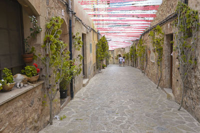 Rear view of man walking on footpath amidst buildings