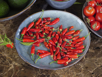 High angle view of red chili peppers in bowl