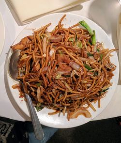 High angle view of meal served in plate on table