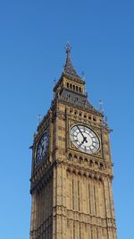 Low angle view of clock tower against blue sky