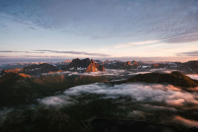 Scenic view of mountains against sky during sunset