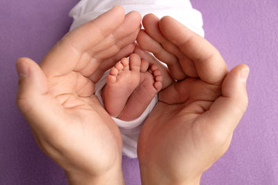 A father and mother hold the feet of a newborn child in a white blanket on a purple background.. 