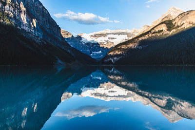 Scenic view of lake by snowcapped mountains against sky