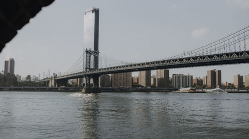 Modern cityscape with bridge over river in evening