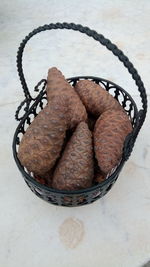 High angle view of bread in basket on table