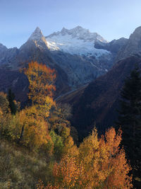 Scenic view of mountains against sky during autumn