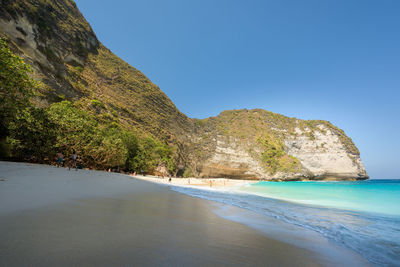 Scenic view of sea against clear blue sky