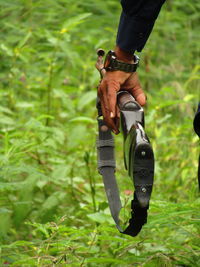 Close up photo of air gun and green background.