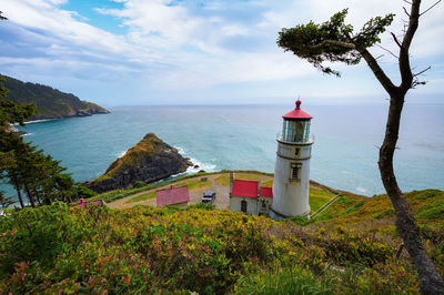 Lighthouse by sea against sky