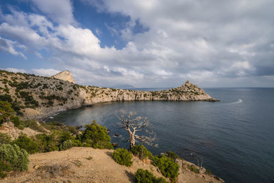 Panorama of cape kapchik near coastline of black sea. novyi svit, crimea