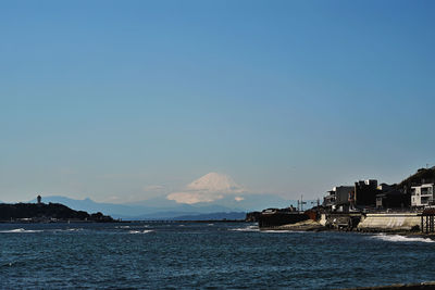 Scenic view of sea against clear blue sky