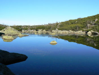 Scenic view of lake against clear blue sky