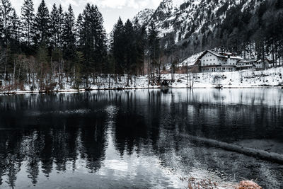 Scenic view of lake by building during winter