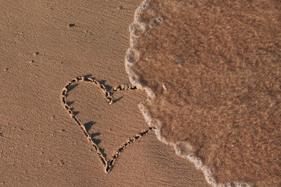 High angle view of footprints on sand at beach