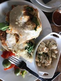 High angle view of food in plate on table