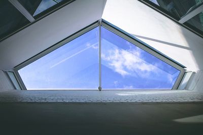 Low angle view of sea against sky seen through window