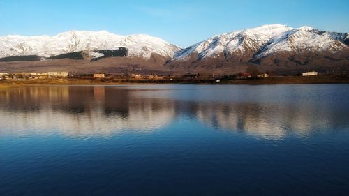 Scenic view of lake and snowcapped mountains against sky