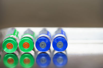 Close-up of multi colored pencils on table