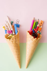 High angle view of candies against white background