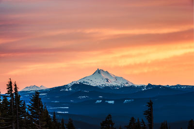 Scenic view of snowcapped mountains against sky during sunset