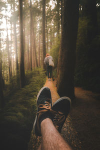 Low section of man sitting on log with friend in background at forest