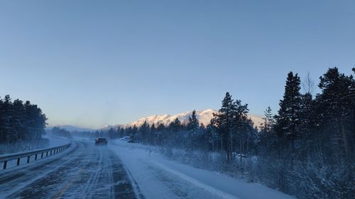 Road amidst trees against clear sky