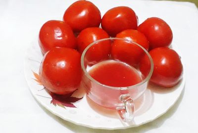 High angle view of tomatoes in bowl on table