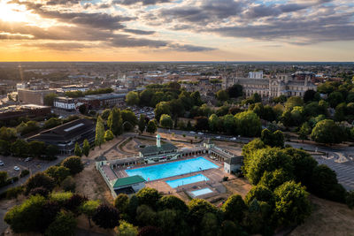 High angle view of townscape against sky during sunset