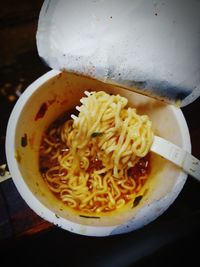 High angle view of noodles in bowl