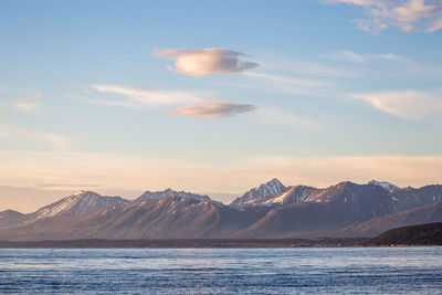 Scenic view of lake and mountains against sky