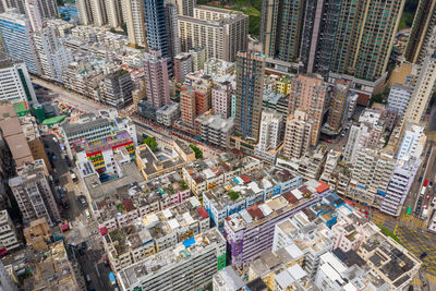 High angle view of modern buildings in city