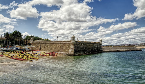 Scenic view of river by building against sky