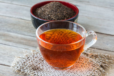 High angle view of tea in bowl on table