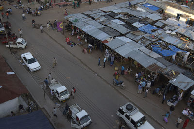 High angle view of people on road