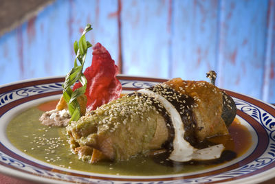 Close-up of food in plate on table