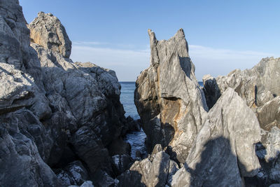 Panoramic view of rock formations against blue sky