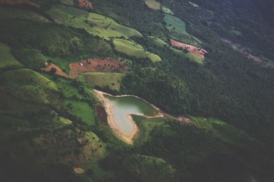 High angle view of heart shaped lake and field