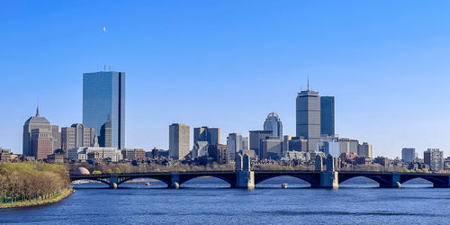 Bridge over river by buildings in city against sky