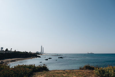 Scenic view of sea against clear sky