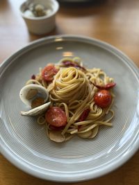 Close-up of noodles in plate on table