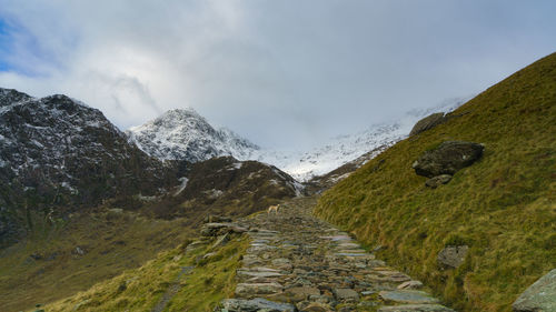 The snow-capped summit of snowdon in the snowdonia national park in north wales, uk