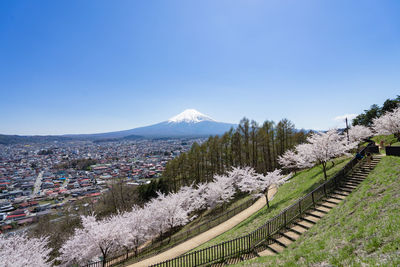 Scenic view of mountains against clear blue sky